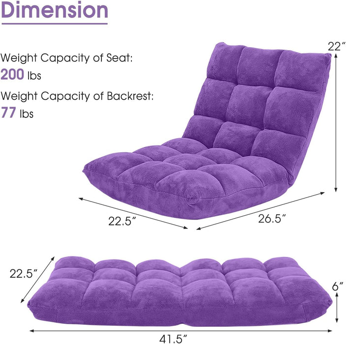 Floor Chair with Back Support, Folding Sofa Chair with 14 Adjustable Position, Padded Sleeper Bed, Couch Recliner, Floor Gaming Chair, Meditation Chair, Gaming Floor Chairs for Adults, Purple