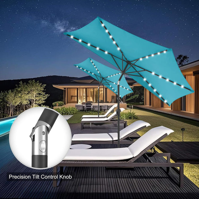 9 FT Solar Half Patio Umbrella with 25 LED Lights, Half Outdoor Umbrella with Button Tilt, Half round Table Umbrella for Deck, Backyard, Balconies, Decks, Rvs, UV Protection (Aqua Blue)