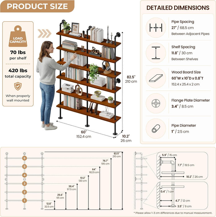 6-Tier LED Ladder Shelf, Wall Mounted Pipe Bookshelf, Walnut Brown 60 Inch