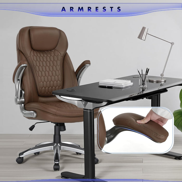 Executive Office Chair-Ergonomic Computer Desk Chair, High Back Leather Chair with Padded Flip-Up Arms, Swivel Home Office Chair Upgraded Caster, Brown
