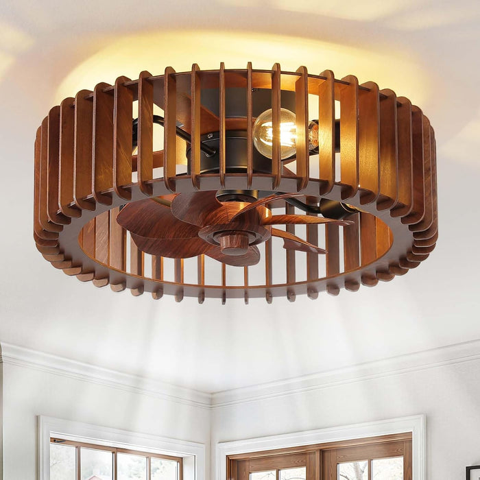 20'' Caged Low Profile Fandelier Ceiling Fan with Light and Remote Walnut