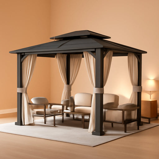 10'X12' Gazebo with Galvanized Steel Roof, Hardtop Double Roof with Anti-Rust Coating, Outdoor Gazebos with Curtains and Netting, Sunshade for Gardens, Lawns, Deck