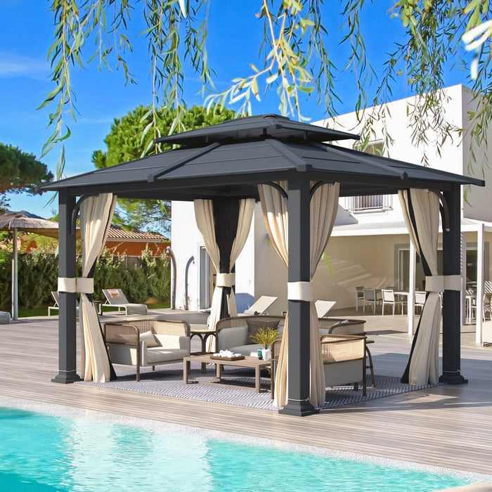 10'X12' Gazebo with Galvanized Steel Roof, Hardtop Double Roof with Anti-Rust Coating, Outdoor Gazebos with Curtains and Netting, Sunshade for Gardens, Lawns, Deck