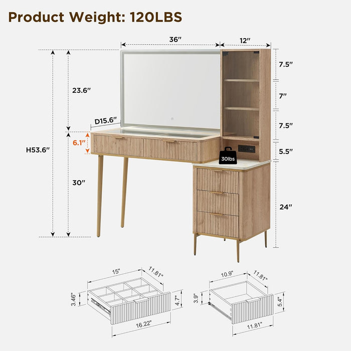 Fluted Makeup Vanity Desk with 36" HD Lighted Mirror, 48" Big Modern Vanity Desk with Mirror and Lights, Dressing Table with 5 Drawers & Shelves, Glass Top for Bedroom (Natural Oak)