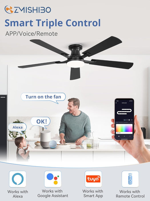 52 Inch Smart Ceiling Fans with RGB Lights, Low Profile Flush Mount Ceiling Fan with Alexa/App/Remote Control, Dimmable 20W LED Light, Black Modern Fan for Living Room, Bedroom, Game Room