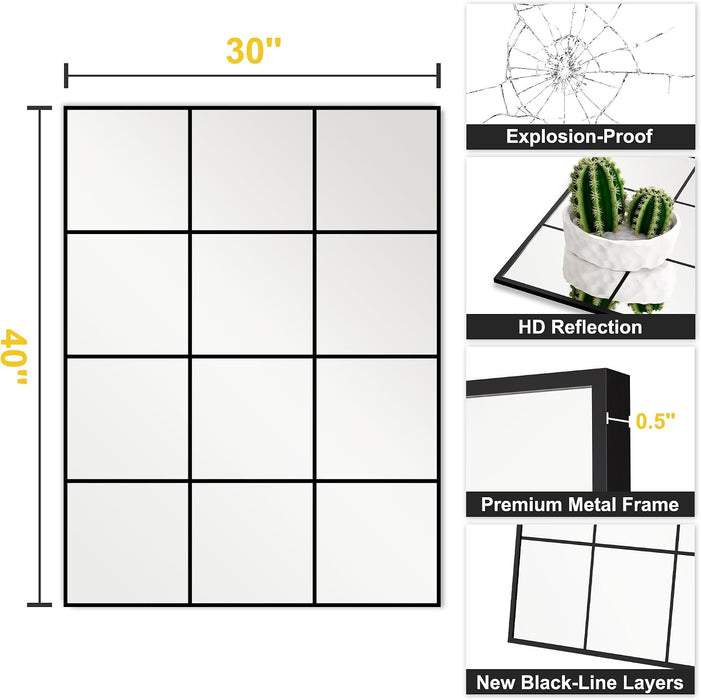 Window Pane Wall Mirror with Metal Frame 40"X30" Black