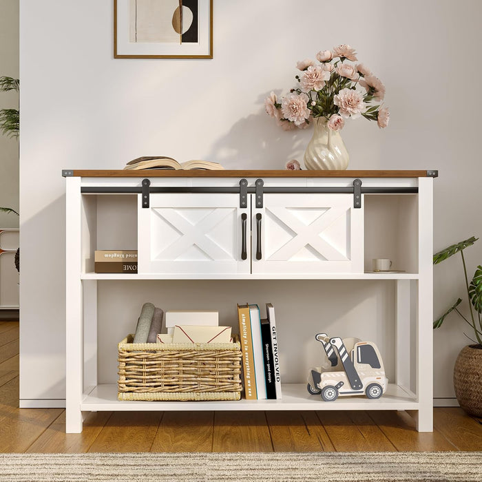 Farmhouse Entryway Table with LED Light, Sofa Table with Sliding Barn Door, Adjustable Open Shelves, 46" Rustic Console Table with Storage, Antique White Hallway for Living Room Bedroom