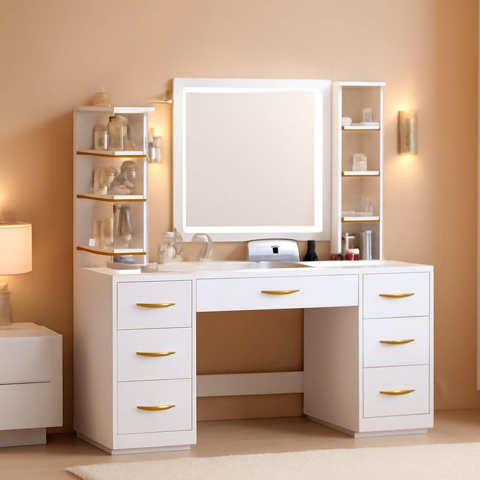 Vanity Desk with LED Mirror and 360 Rotating Makeup Organizer Shelves, White Makeup Vanity with Lights & Charging Station, Large Vanity Table with 6 Storage Drawers Bedroom Makeup Desk for Women Girls