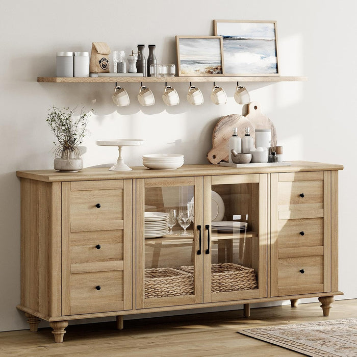 Farmhouse Buffet Cabinet with Glass Door, Wooden Sideboard, Oak, 58” | Wood Kitchen Storage Cabinet with Adjustable Shelf, Coffee Bar Table with Solid Wood Leg, Accent Cabinet for Dining Room
