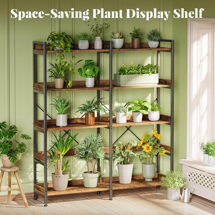 5 Tier Bookshelf, Display Bookshelf with 10 Open Shelves and Raised Baffle, 47.2 Inch Straight Wide Bookcase with Metal Frame and Wooden Board, Adjustable Feet, Rustic Brown