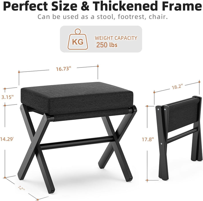 Foldable Foot Stool Ottoman, Modern Foot Rest with Bamboo X Legs & Thick Foam Cushion, Folding Foot Stools Small Padded for Bedroom Living Room, Footstool for Chair Couch (Black - Black)