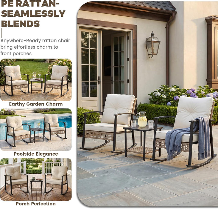 3-Piece Patio Rocking Chairs Set of 2, Rocking Chair Bistro Set [Upgraded 2.0] & 2-Tier Coffee Table, Wicker Rocking Chair Outdoor Patio Furniture Set for Backyard, Porch, Balcony (Beige)