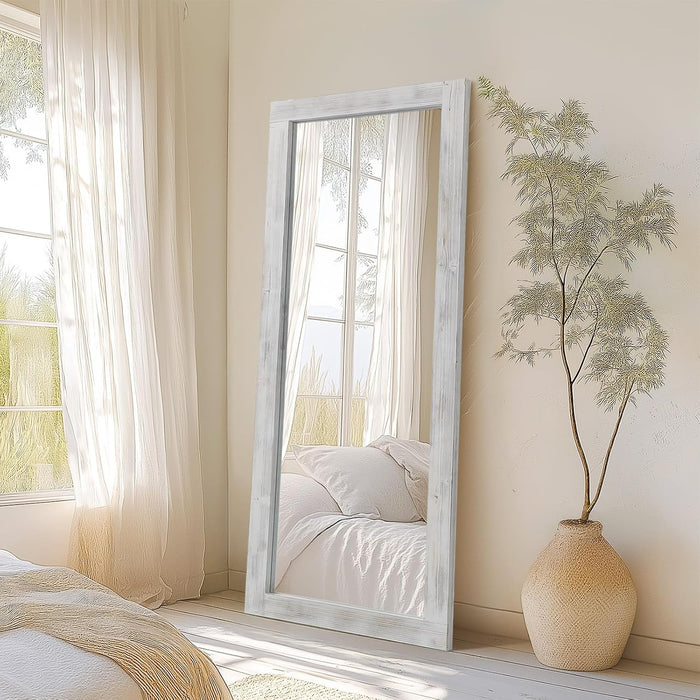 Rustic Floor Full Length Mirror Wood Frame, 56"X21" White Mirror