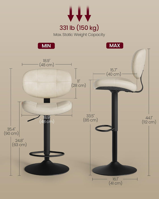 VASAGLE Bar Stools Set of 2, Height Adjustable Swivel Chairs, PU Leather | Kitchen Barstools with Back and Footrest, Quilt Surface, Steel, Dining Room, Counter, Cream White,Uljb150W101S