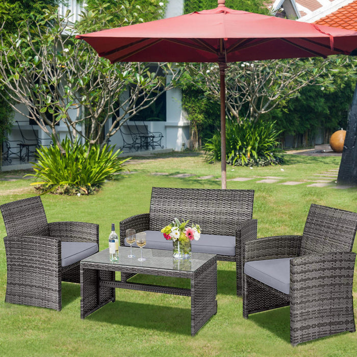 4 Pieces Patio Rattan Furniture Set with Glass Table and Loveseat