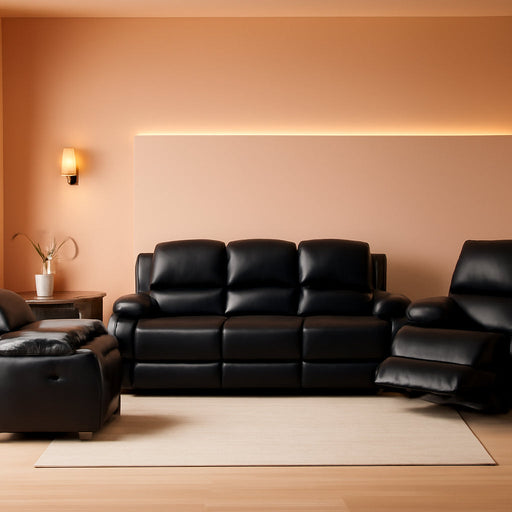 3PC Bonded Leather Reclining Sofa Chair Set Living Room Set Sofa Loveseat Glider Chair 8018 Multiple Colors (Black)