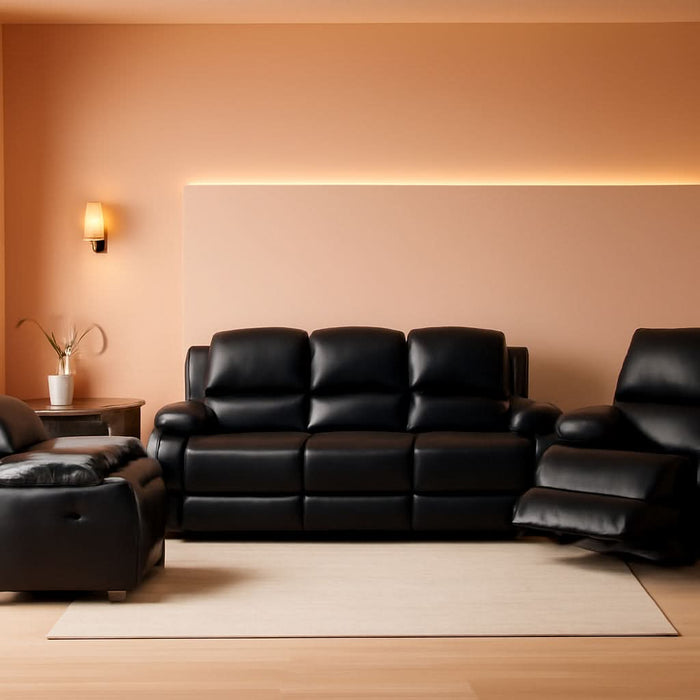 3PC Bonded Leather Reclining Sofa Chair Set Living Room Set Sofa Loveseat Glider Chair 8018 Multiple Colors (Black)