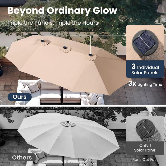 15Ft Large Patio Umbrella with Base&Solar Lights,Rectangle,Beige | Outdoor Double-Sided Rectangular Umbrella with Stand, 36Pcs LED Lights, Triple Head, Heavy Duty, UV Resistant, for Outside