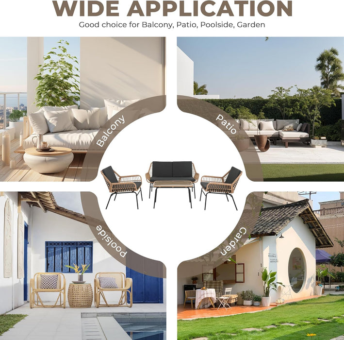 4 Piece Outdoor Patio Furniture Set, Rattan Conversation Sets, All-Weather Wicker Chairs with Cushions and Coffee Table, for Garden Balcony Courtyard Poolside