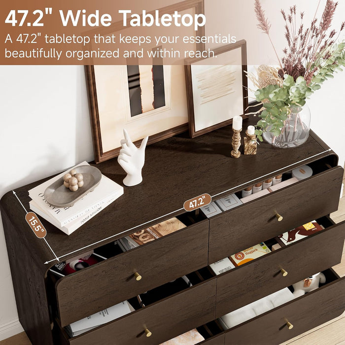 6 Drawer Dresser for Bedroom, 47.2” Wide Modern Chest of Drawers with Curved Profile Design, Wooden Dresser TV Stand with Gold Metal Handles, Large 6 Drawer Dresser for Bedroom, Living Room