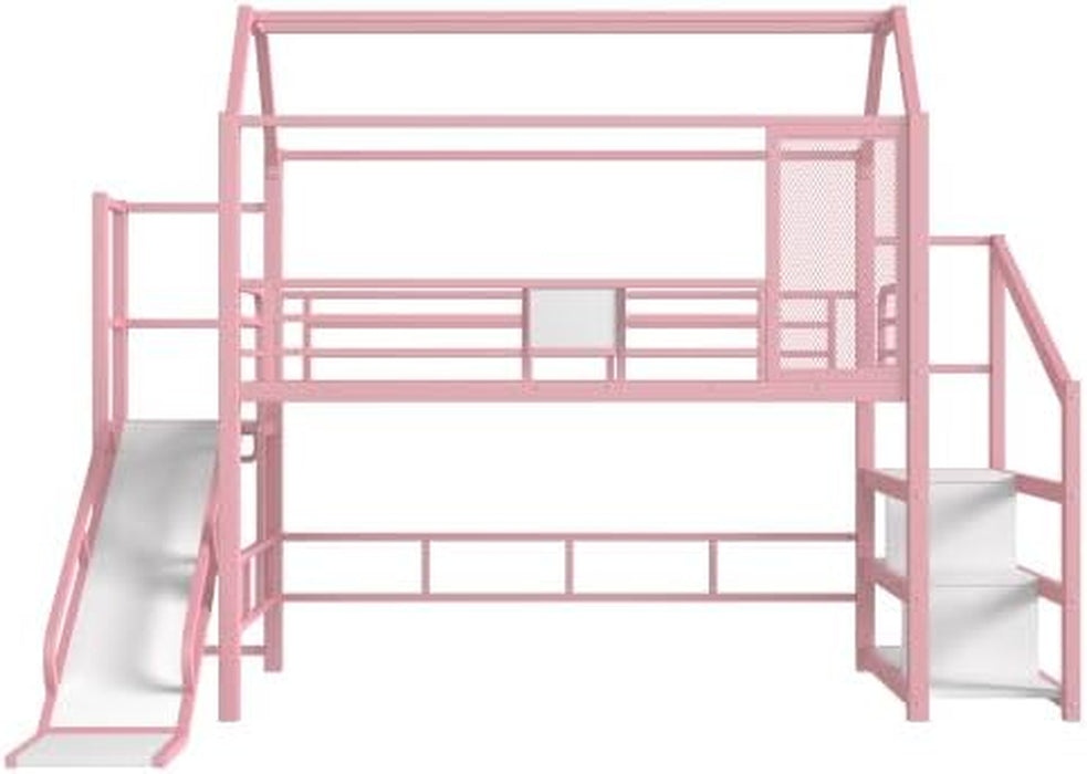 Twin Size Metal Loft Bed With UnderbedStorageShelves