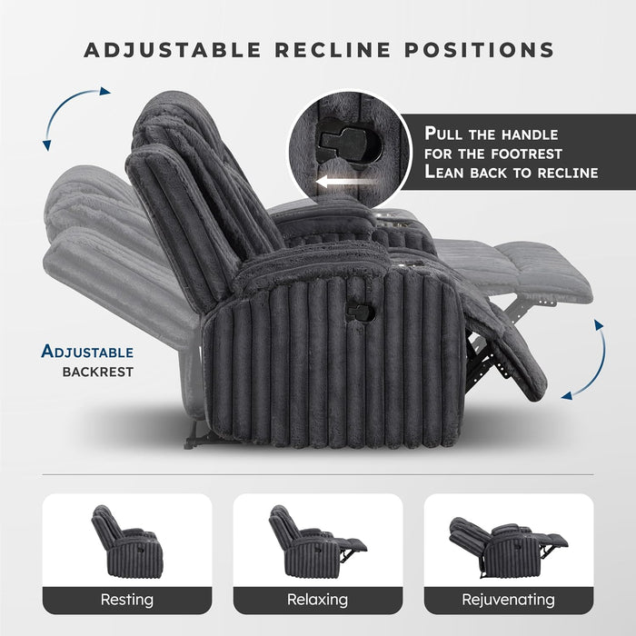 Manual Double Reclining Sofa, Corduroy Wall Hugger Manual 3 Seater Recliner Couch, Padded Armrests, Cup Holders for Living Room, Home Theater, Easy Assembly, Dark Gray