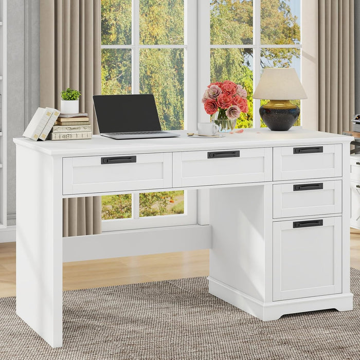 55" Farmhouse Home Office Desk with File Drawer, Executive Computer Desk with 4 Storage Drawers, Rustic Computer Desk for Working, Studying, Writing（White