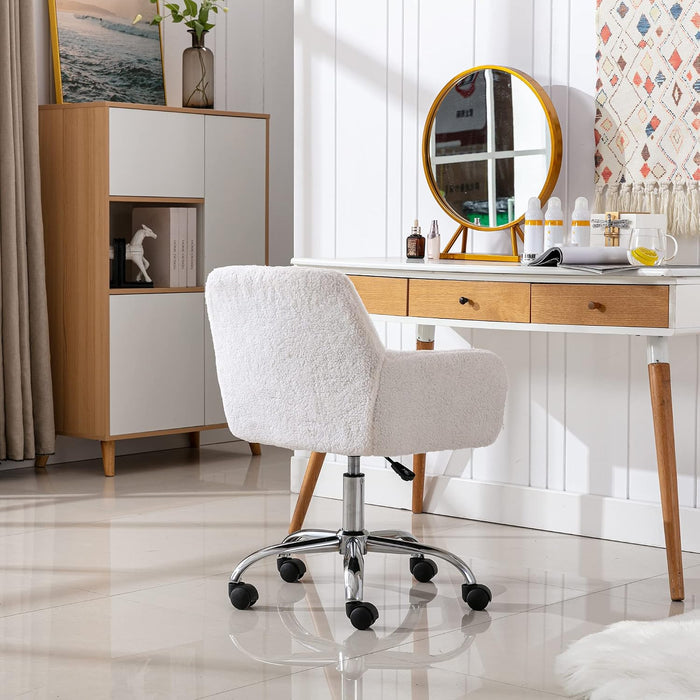 Faux Fur Makeup Vanity Chair,Home Office Desk Chair with Wheels, White