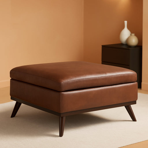 Owen 36 Inch Wide Mid Century Modern Square Coffee Table Storage Ottoman in Distressed Saddle Brown Vegan Faux Leather, Assembled, for the Living Room, Entryway and Family Room