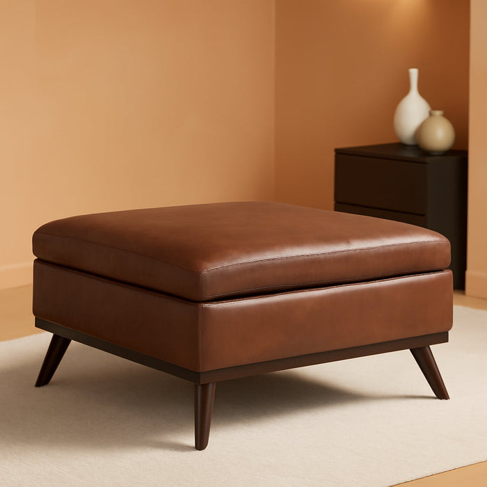 Owen 36 Inch Wide Mid Century Modern Square Coffee Table Storage Ottoman in Distressed Saddle Brown Vegan Faux Leather, Assembled, for the Living Room, Entryway and Family Room