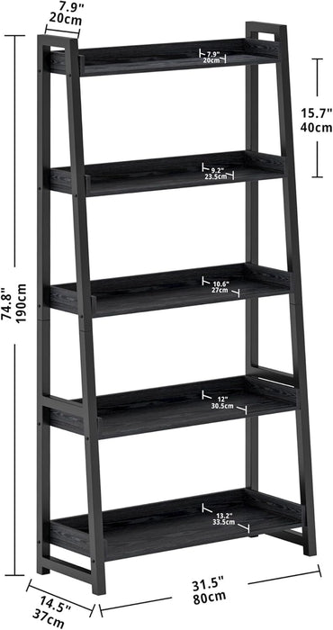Industrial Bookshelf 5-Tier 31.5 in Wide, Bookcase Ladder Shelf, Storage Shelves Rack Shelf Unit, Accent Furniture Metal Frame, Home Office Furniture for Bathroom, Living Room