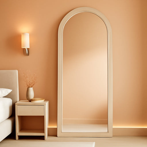 Full Length Mirror 56"X20" Arch Floor Mirror with Stand Arched Full Body Mirror Standing Hanging or Leaning against Wall for Bedroom Flannel Wrapped Wooden Frame Milk Tea