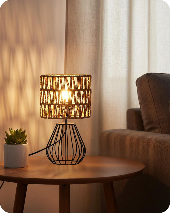 Small Bedside Lamp, Boho Table Lamp with Handwoven Paper Lampshade & Black Metal Base, Rattan Desk Lamp, Modern Nightstand Lamp for Bedroom, Living Room, 2700K LED Bulb Included, HW06TL05