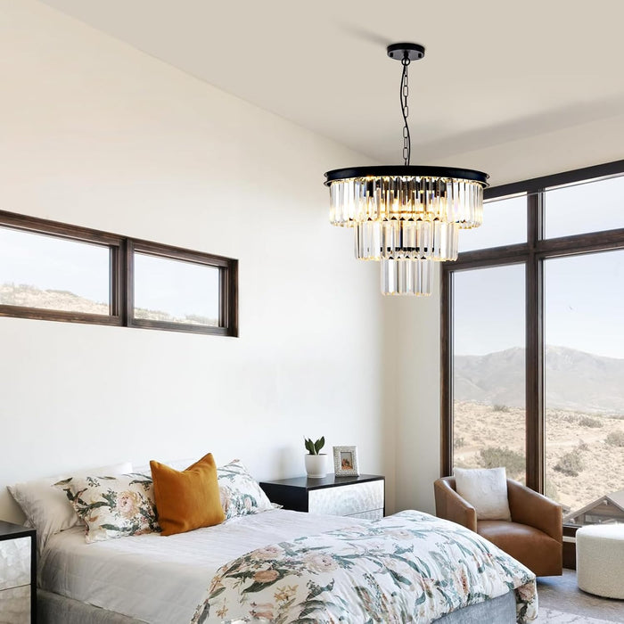 8 Light Modern Crystal Chandelier 20'' Black Chandeliers for Dining Room Contemporary Pendant Light Fixture round 3-Tier Adjustable Height E12 for Living Room, Foyer, Entryway, Bedroom