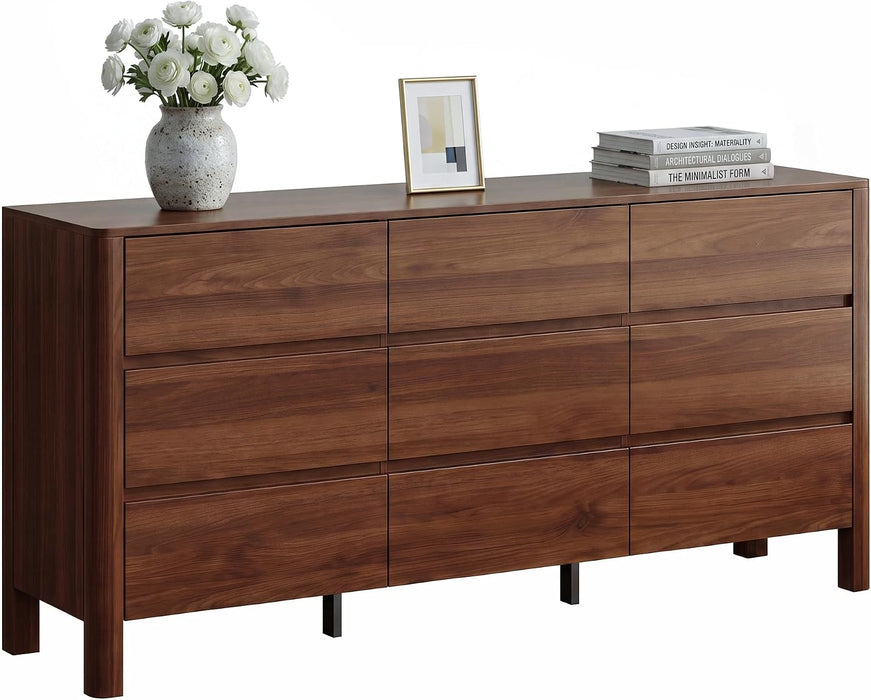 Walnut Dresser for Bedroom, 63" Mid-Century 9 Drawer Dresser with Wide Drawers and Wood Legs, Curved Edge Design, Modern Large Dressers & Chests of Drawers for Bedroom, Hallway.