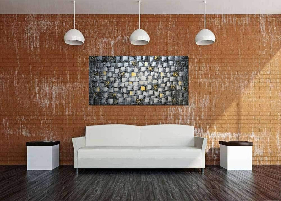 Large Thick Abstract Dark Silver Add Golden Square Wall Art Hand Painted Artwork Textured Oil Painting on Canvas Framed Ready to Hang 60X30Inch