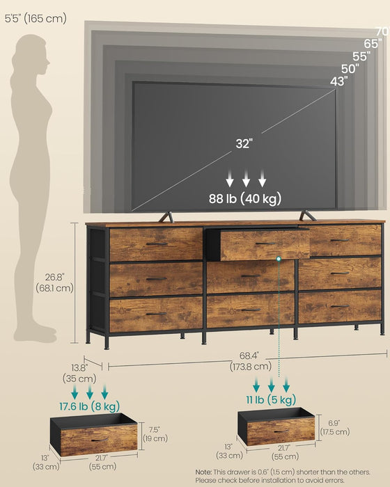 BELLAH Collection - Dresser for Bedroom, TV Stand for Tvs up to 70 Inches, Chest of Drawers for Living Room, Closet, Steel, 9 Drawers, Industrial, Rustic Brown and Ink Black ULGS233KD02S