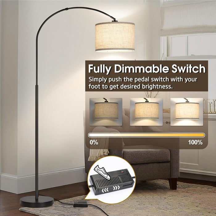 Dimmable Floor Lamp, Arc Floor Lamp with Dimmer, Black Standing Lamp with Adjustable Hanging Shade, over Couch Tall Reading Light, Modern Pole Lamp for Living Room Bedroom, 9W LED Bulb Included