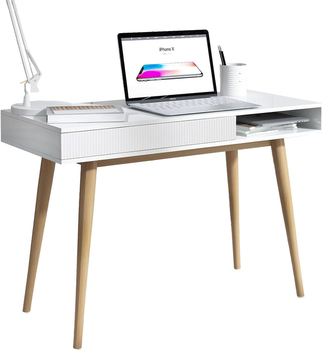 White Desk Mid Century Modern Desk Wooden Desk with Drawer Small Office Desk Mid Century Computer Desk White Makeup Table