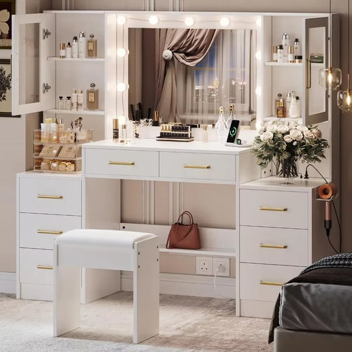 58.3" Large Vanity Desk with Mirror & Lights, Makeup Vanity with 10 LED Lights, 8 Metal Sliding Drawers & 2 Cabinets,