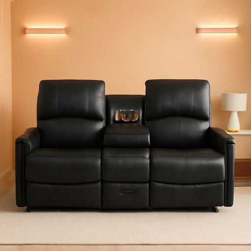 Manual Reclining Loveseat Sofa with Reversible Console, Double Recliner Couch with Cup Holders & Charging Ports, PU Leather 2-Seater Recliner Sofa for Living Room, RV, Small Spaces, Black