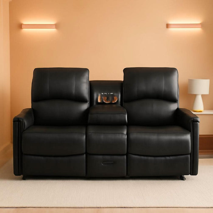 Manual Reclining Loveseat Sofa with Reversible Console, Double Recliner Couch with Cup Holders & Charging Ports, PU Leather 2-Seater Recliner Sofa for Living Room, RV, Small Spaces, Black