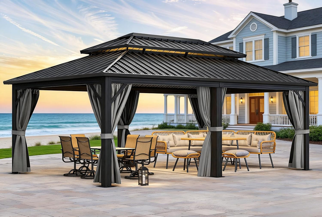 12X20FT Hard Top Metal Gazebo Patios Double Roof Canopy Aluminum Frame Garden Gzebo Tent Curtains Netting for Patios Backyards Decks Lawns