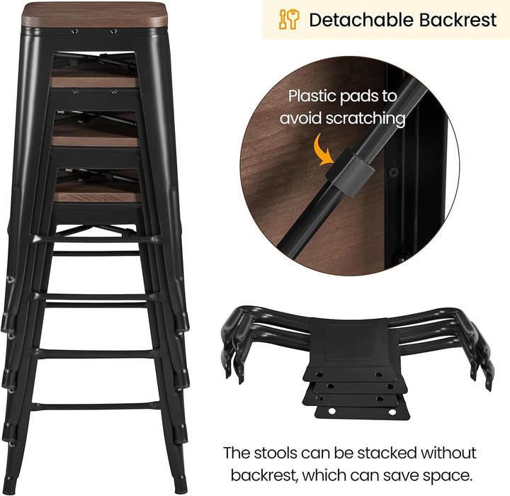 30" Metal Barstools Set of 4 Bar Height Bar Stools with Wooden Top Low Back Industrial Bar Stools Metal Stool for Indoor-Outdoor Counter Stools with Wooden Seat Matte Black