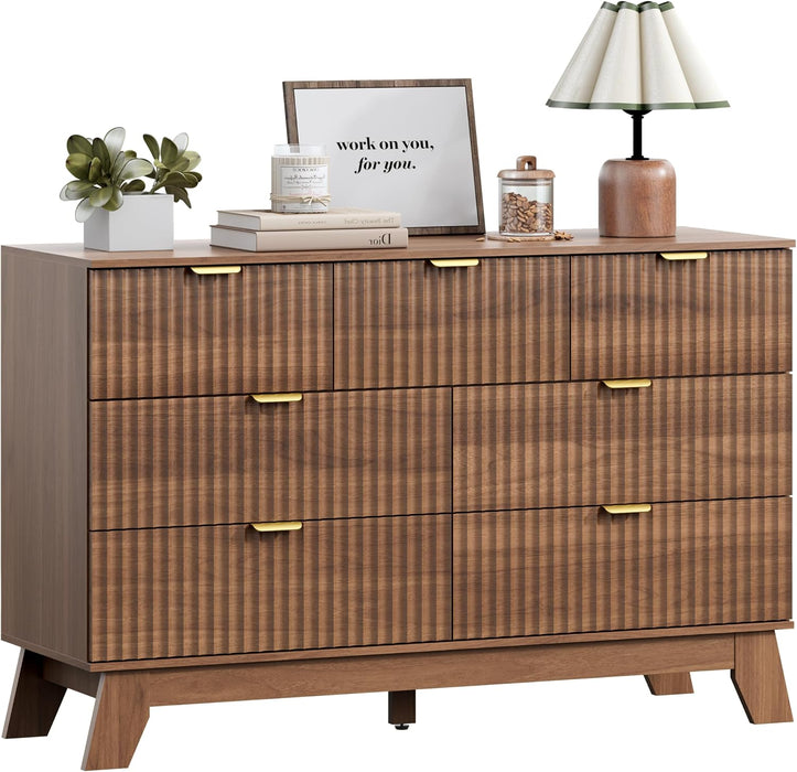 7 Drawer Fluted Dresser for Bedroom, Mid Century Modern Wooden Dresser with 7 Drawers, Dressers & Chests of Drawers with Metal Handle, TV Stand & Storage Organizer for Entryway, Hallway, Walnut