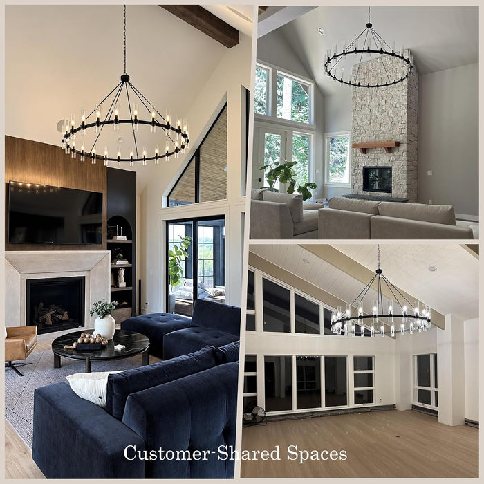 70" 24-Light Black Wagon Wheel Chandelier for High Ceilings Living Room