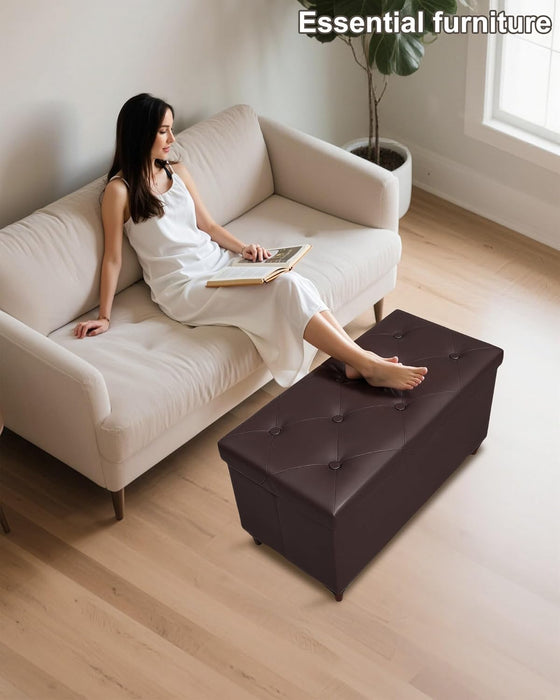 30 Inches Storage Ottoman Bench with Wooden Legs, Faux Leather Folding Ottoman Foot Rest, Storage Bench for Living Room, Hallway & Bedroom, Upgrade Large Capacity (Engineered Wood, Brown)
