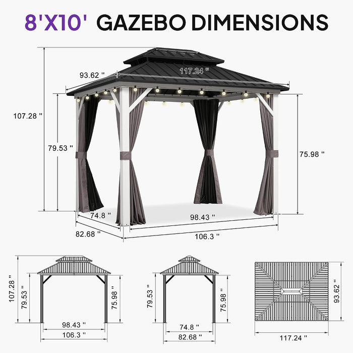 8' X 10' Outdoor Gazebo Galvanized Steel Double Roof White Aluminum Frame Hardtop Heavy Duty Gazebo with Curtain and Netting for Patio Garden and Backyard, Grey