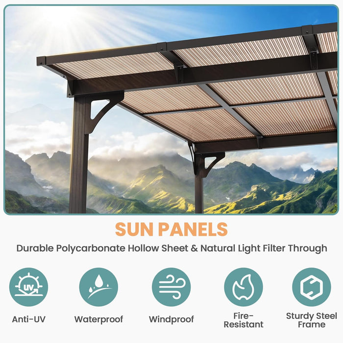 10X28Ft Wall Mounted Gazebo, Hardtop Lean to Gazebo with Aluminum Frame & UV Resistant Polycarbonate Roof, Outdoor Patio Awning for Deck, Porch, Lawn & Backyard