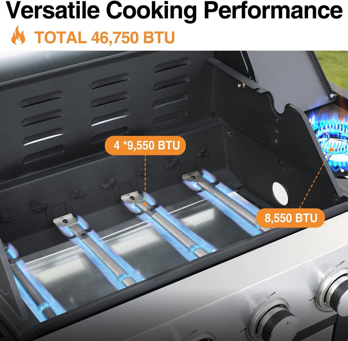 4 Burner Propane Gas Grill, 49,000 BTU Outdoor BBQ Grill with Cast Iron Grates & Griddle Combo, Large Cooking Area with Side Burner, Pullout Grease Tray, Portable for Backyard Patio
